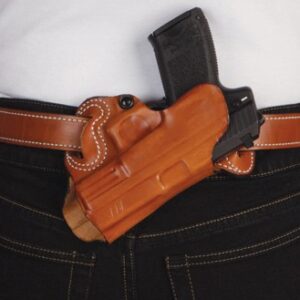 DESANTIS SMALL OF BACK HOLSTER - RH OWB LEATHER COLT 1911 TAN